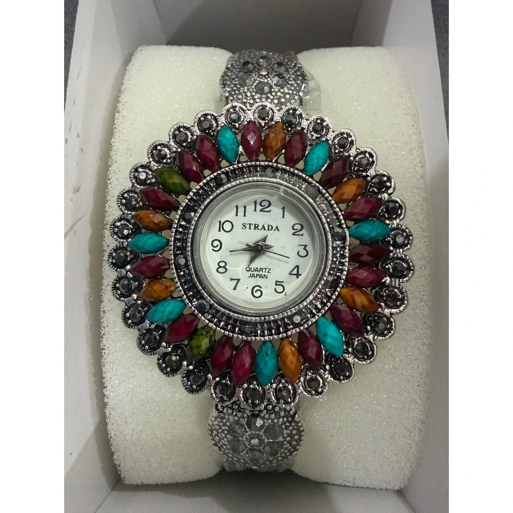 Strada Womens Quartz Watch Multi Color Gemstone Bezel Silver Tone Filigree Box
